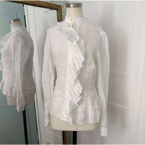 120 Lino Top Womens Ruffle Button Up Linen Shirt Blouse Long Sleeve - Picture 6 of 6
